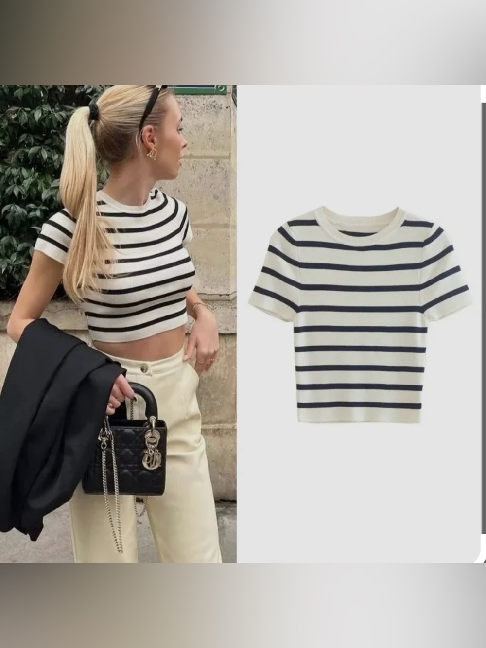 Zara Cream and Black Striped Crop Top